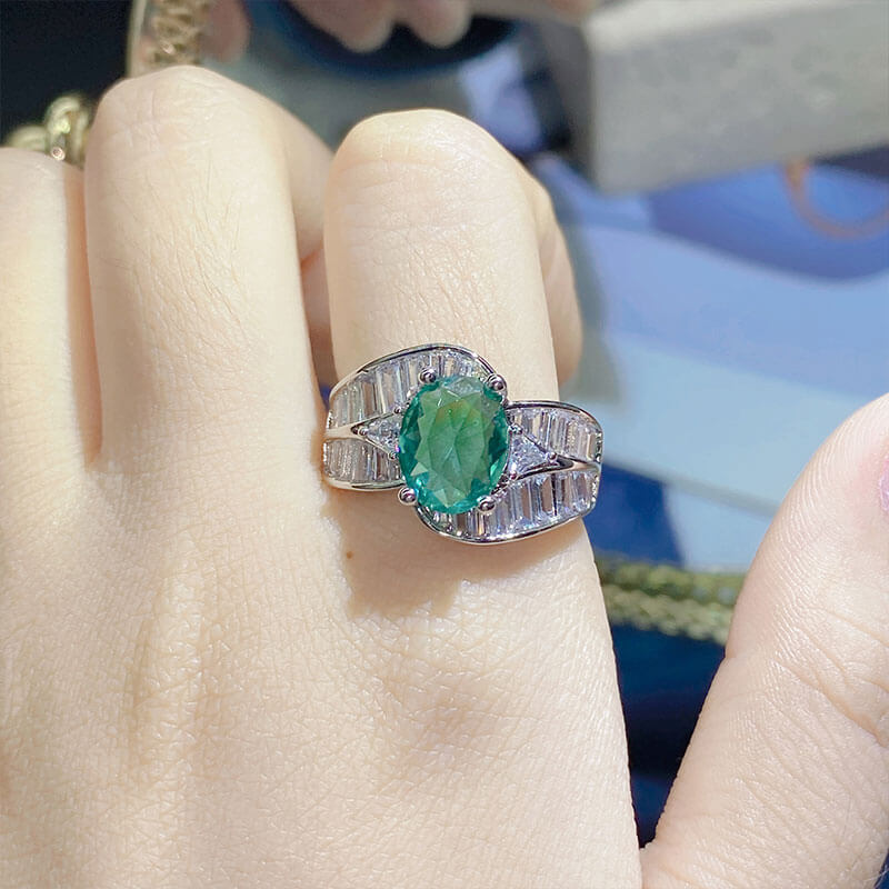 Imitation Paraiba Emerald Ring High-end T Square Diamond Colorful Treasure Ring for Women