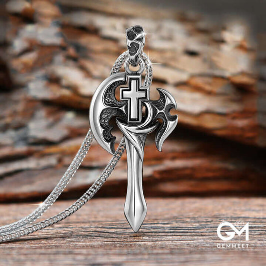 Sterling Silver Cross Battle Axe Necklace