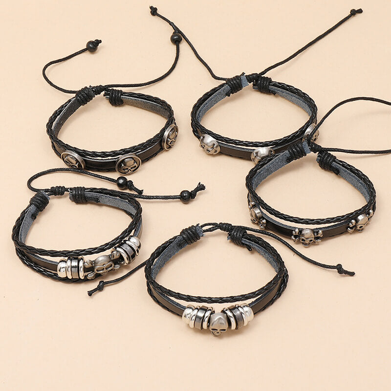 Handmade Beaded Leather Five-Piece Bracelet Skull Halloween Cowhide Bracelets