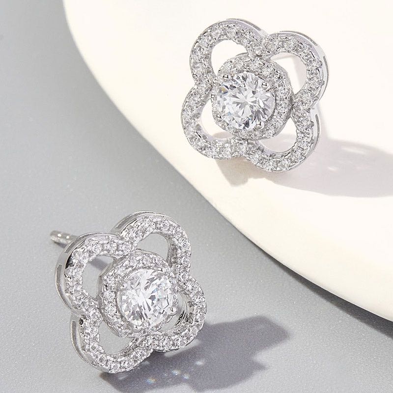 White Gold Four Leaf Petal Full Stones Moissanite Stud Earrings