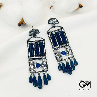 Hollow Rectangular Blue Stone Tassel Drop Earrings