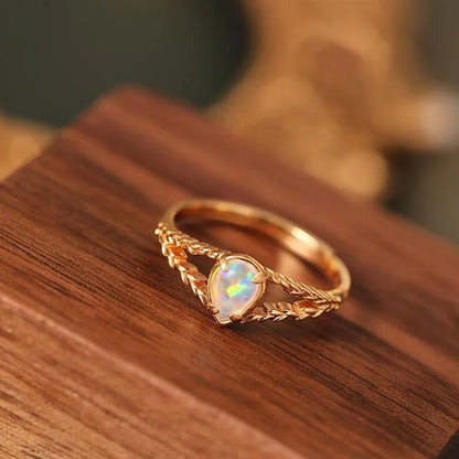 Opal Stone Gold Hollow Wheat Ring