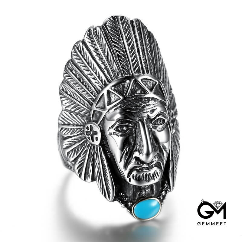 Titanium Steel Indian Chief Feather Turquoise Ring