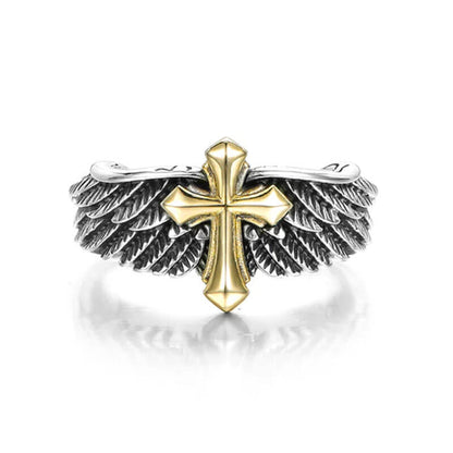 Vintage Men's Angel Feathered wings Cross Rings