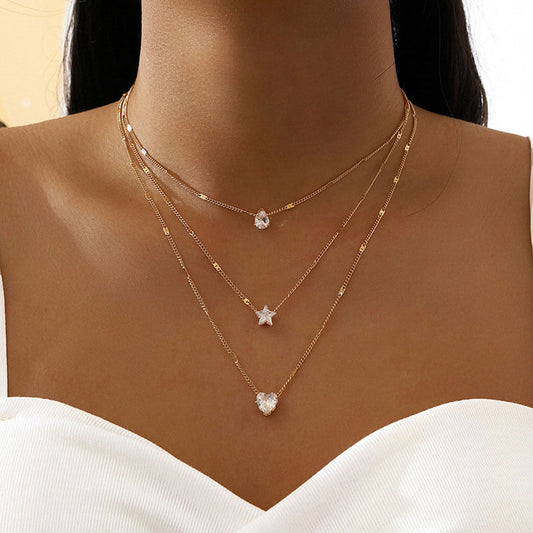 Multi Layer Pentagram Heart Water Drop Necklace