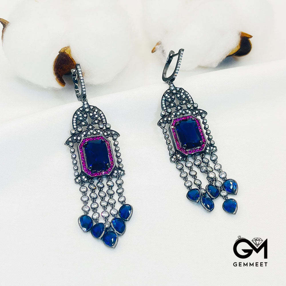 Square Hollow Blue Stone Tassel Drop Earrings