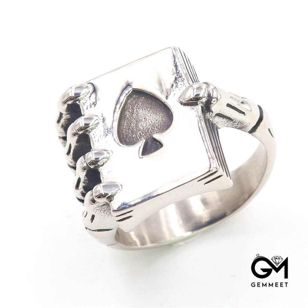 Stainless Steel Skull Holding Spades Shape Ring