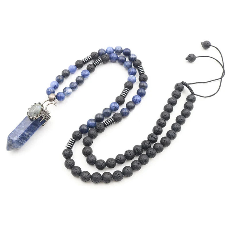 Natural Crystal Hexagon Prism Pendant Mala Necklace