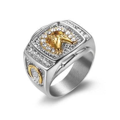 Hip-hop HIPHOP Jewelry Titanium Steel Gold-plated Inlaid Cubic Zirconia Horse Head Men's Ring