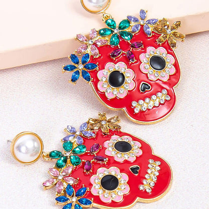 Halloween Personality Exaggerated Full Inlaid Zircon Dripping Oil Skull Earrings Fashion Trend Ladies Earrings