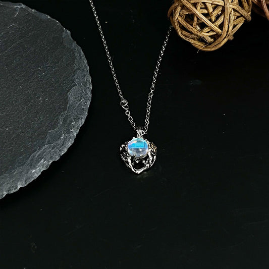 Hollow Moonstone Tree & Rose Pendant Necklace