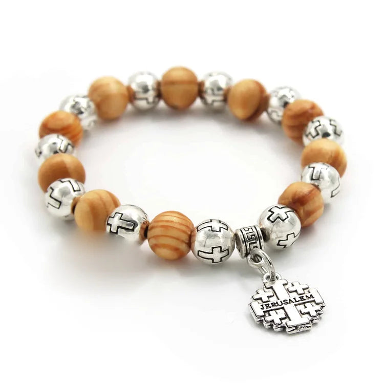 Handmade Jerusalem Cross Wooden Beads Bracelet