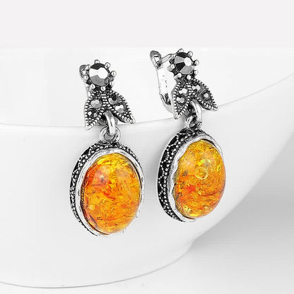 Retro Floral Silver Amber Earrings