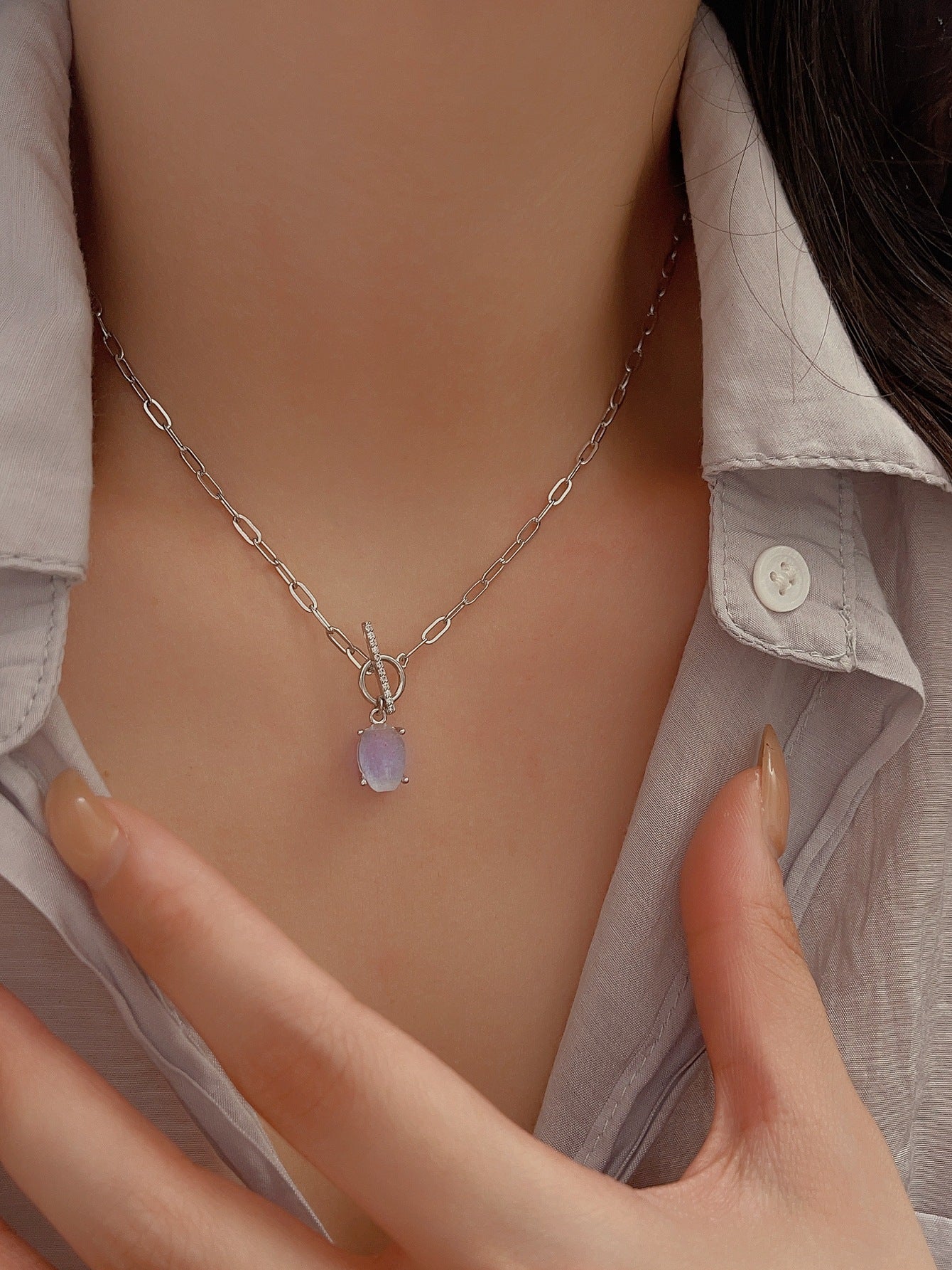 S925 Simple Buckle Moonstone Pendant Necklace