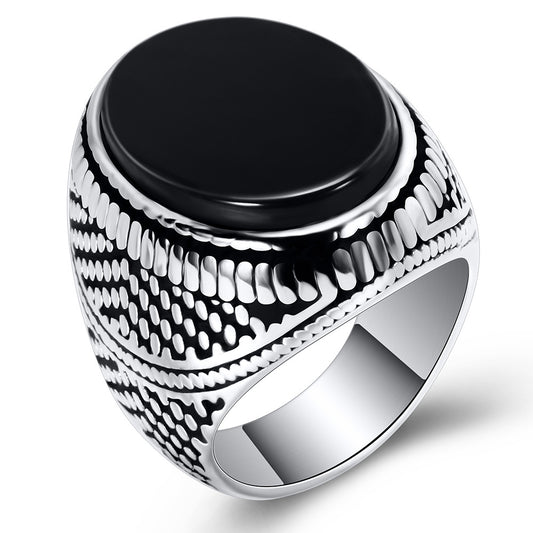 Vintage Stainless Steel Black Stone Ring for Men