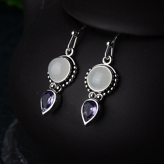 Round Moonstones Drip Amethyst Dangle Earrings