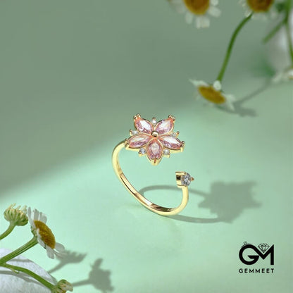 S925 Sterling Silver Pink Flower Zircon Open Ring