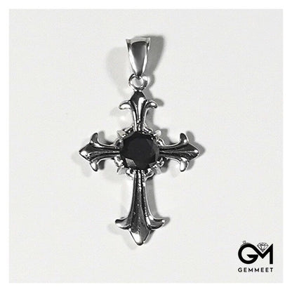 Silver Stainless Steel Cross Black Zircon Necklace