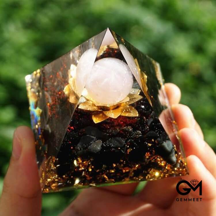 Clear Quartz Obsidian Lotus Symbol Orgone Pyramid