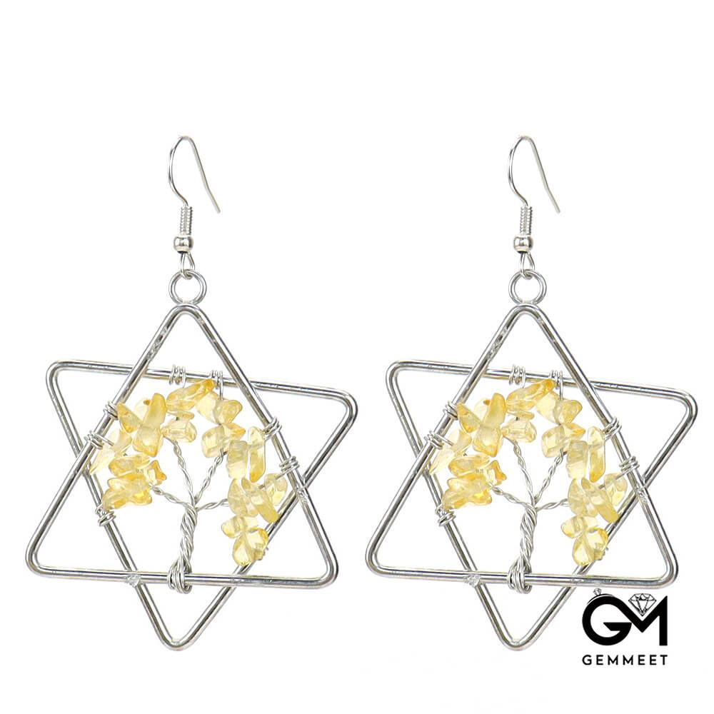 Hexagon Star Gravel Crystal Tree of Life Earrings