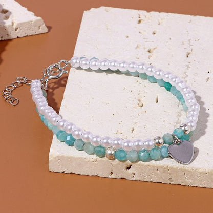 Faceted Stone Pearl Heart Charm Double Layer Bracelet