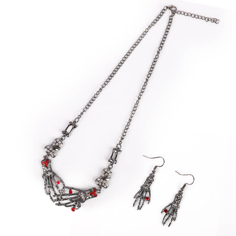 Halloween Skeleton Hand Bones Necklace Earrings Set