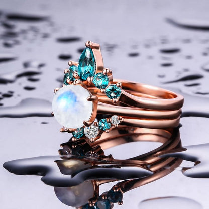 Blue Topaz Moonstone Crown Design Layered Ring