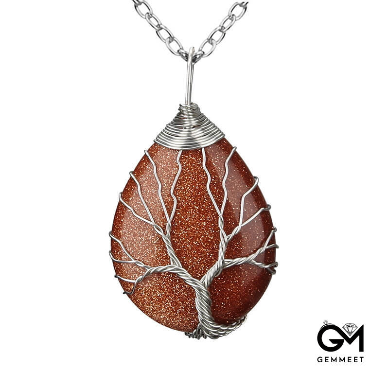 Wrap Silk Life Tree Gold Sand Stone Drop Necklace