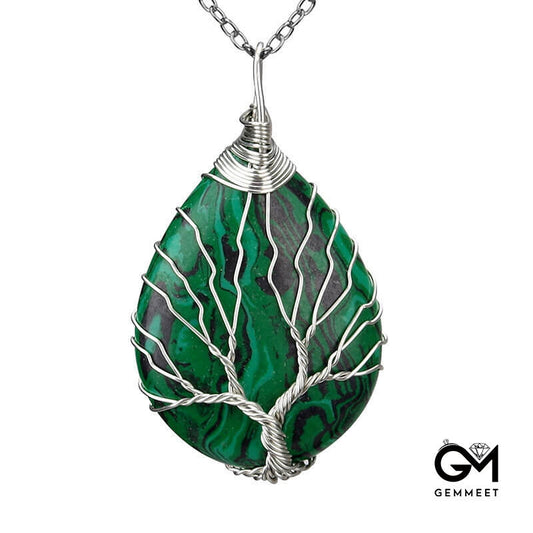 Wrap Silk Tree of Life Malachite Water Drop Necklace