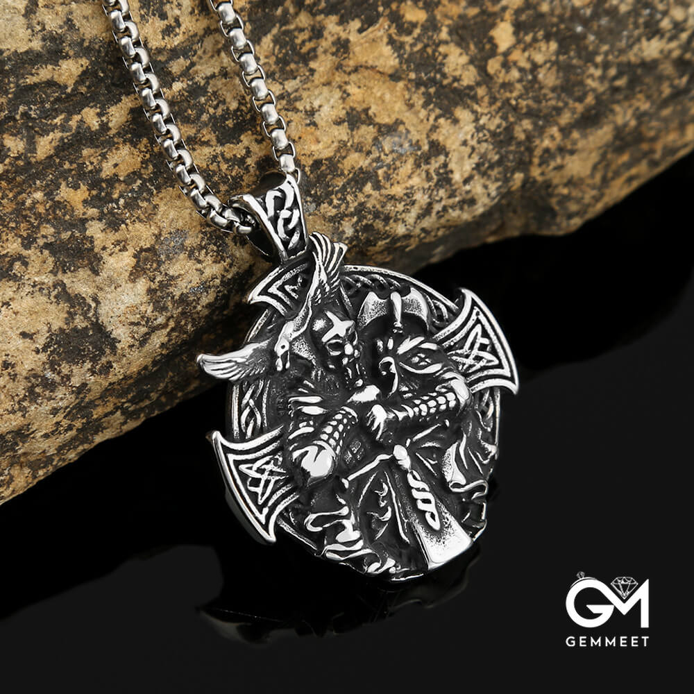 Vintage Stainless Steel Viking Odin Crow Necklace