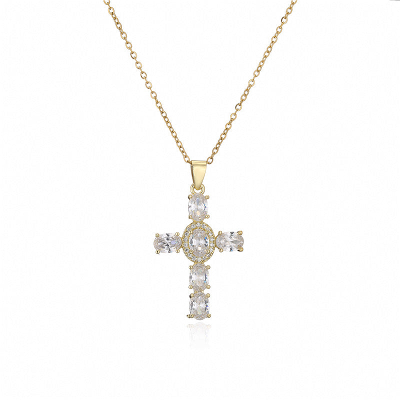 Full Oval Cut Stones Cross Shape Chain Necklace