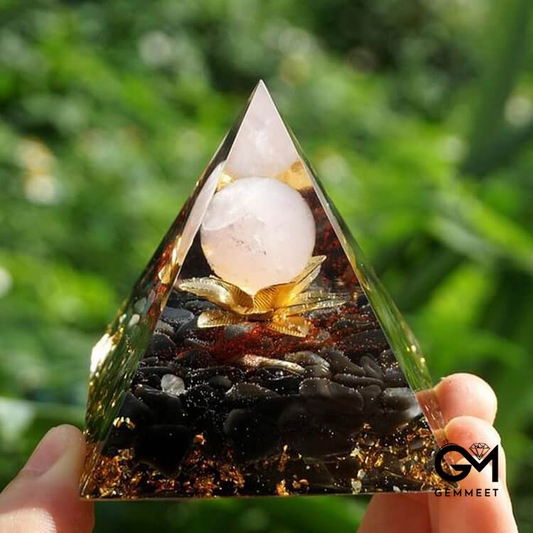 Clear Quartz Obsidian Lotus Symbol Orgone Pyramid