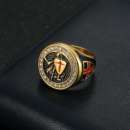 Hip Hop Golden Vintage Templar Red Cross Shield Ring