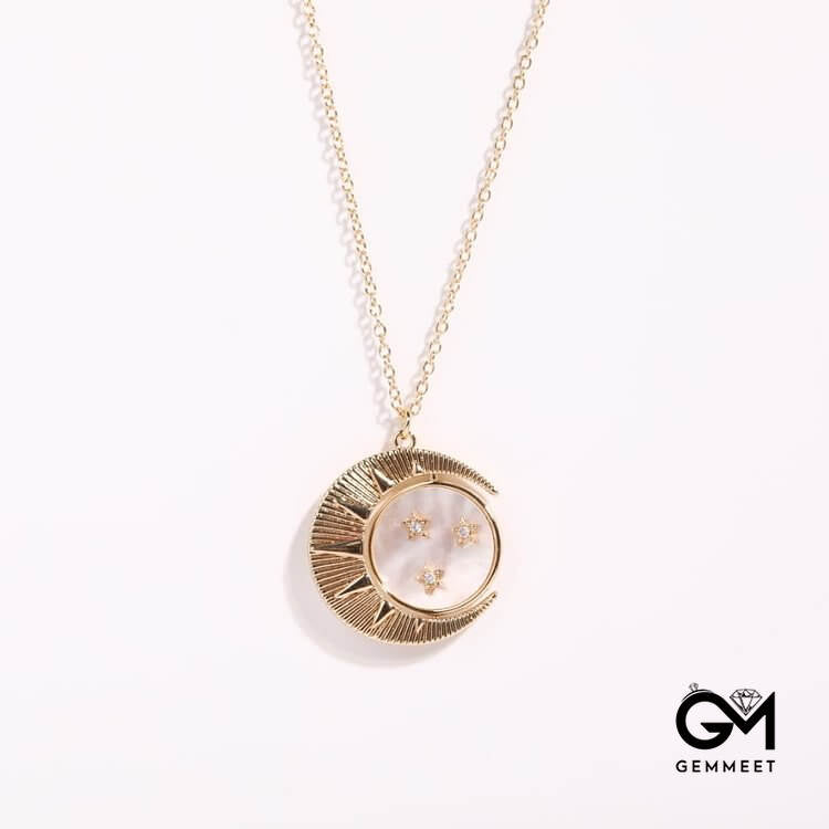 Nacre White Zircon Moon Star Gold Plated Copper Necklace