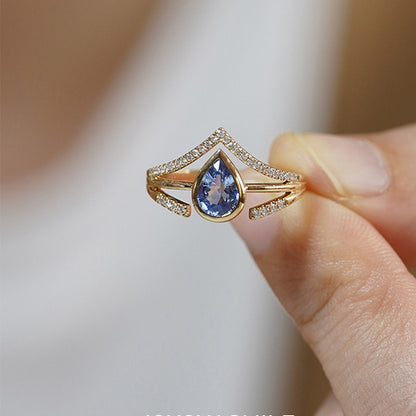 Pear Shape Blue Sapphire French Vintage Blue V-Shaped Multi-Layered Adjustable Ring