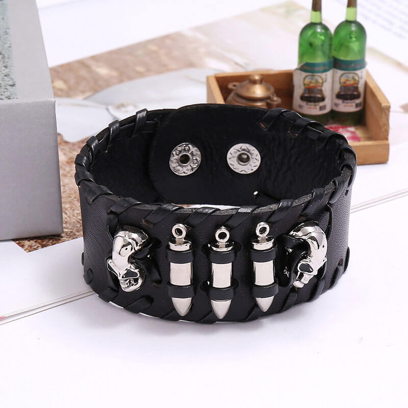 Punk Leather Bullet Skull Bracelet