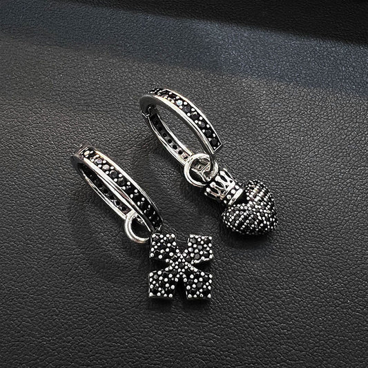 Retro Thai Silver Unique Black Zircon Cross Crown Love Asymmetric Earrings AB Style