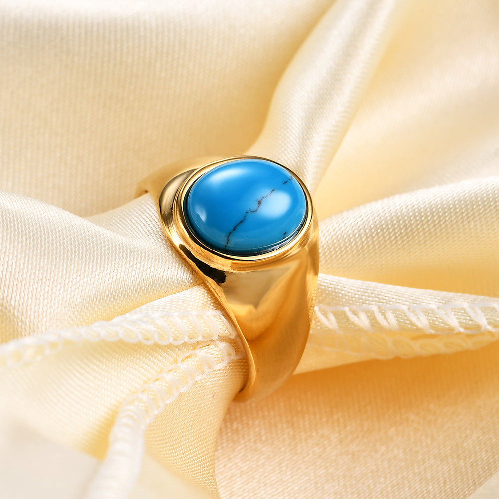 Gold Stainless Steel Oval Colored Stone Ring