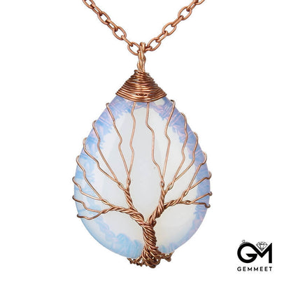 Wrapped Silk Tree of Life Opal Water Drop Necklace