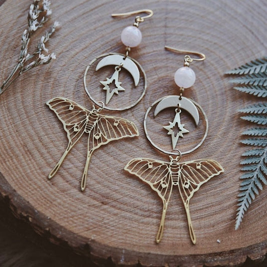 Natural Rose Quartz Star and Moon Moth Earrings