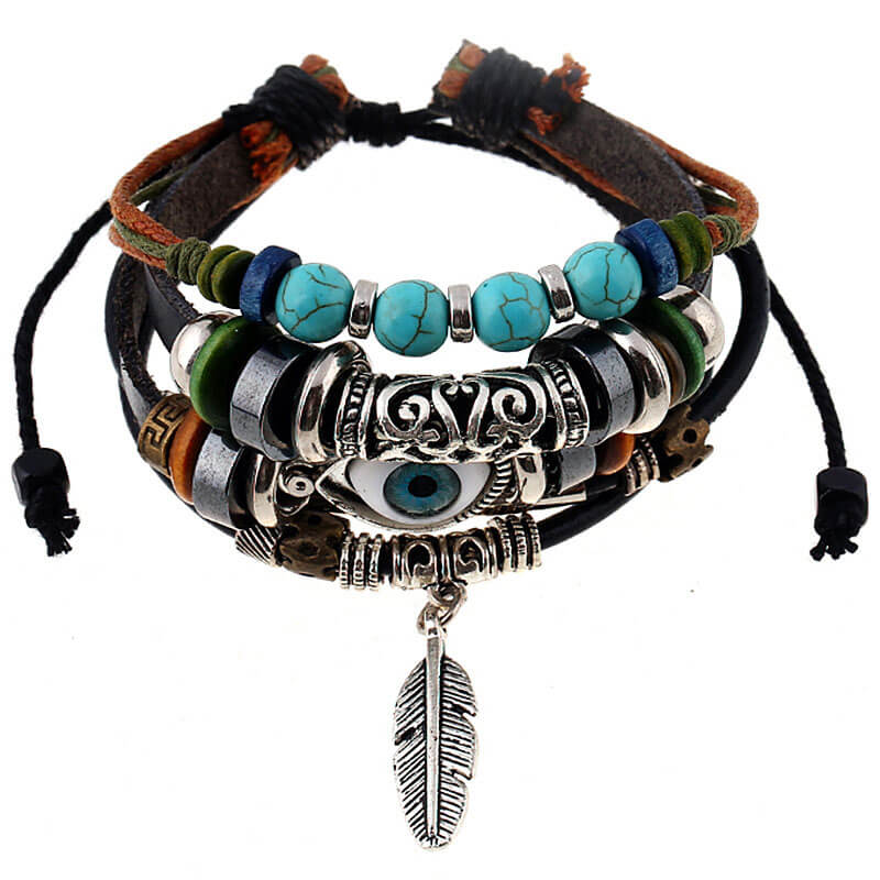 Beaded Multilayer Blue Eye Leather Ethnic Feather Bracelet