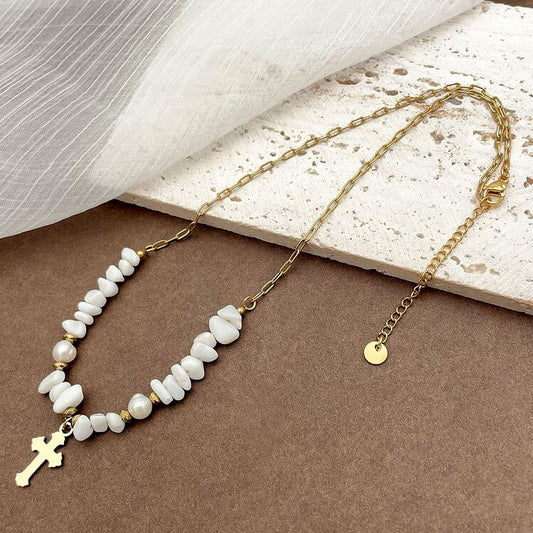 "Blessing Of Peace" Cross Irregular White Jade Necklace