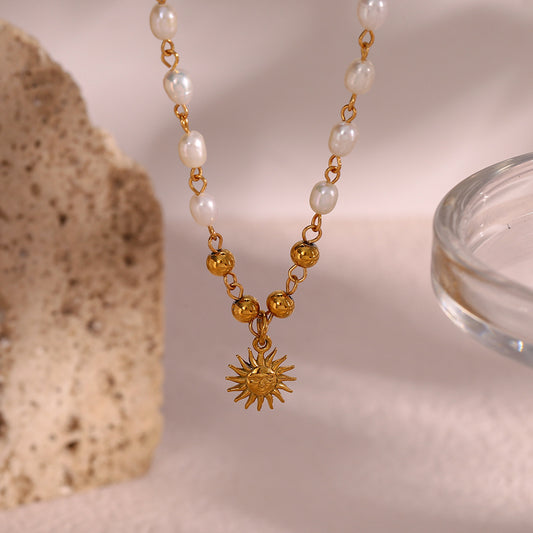 Pearl Gold Beads Sun Pendant Necklace