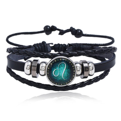 Luminous Twelve Constellation Couple Cowhide Bracelet Multi-Layer Braided Starry Sky Leather Bracelet