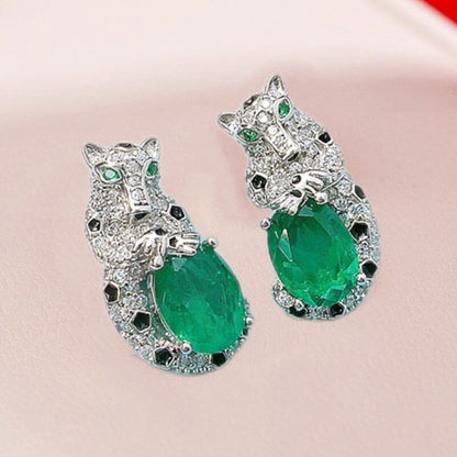 Retro Color Treasure Leopard Earrings High Carbon Diamond Light Luxury Niche High-end Emerald Pigeon Blood Red Earrings