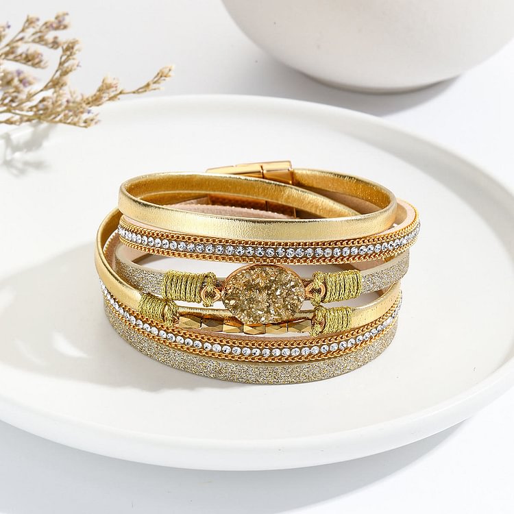 Citrine Braided With Diamonds Leather Bracelet