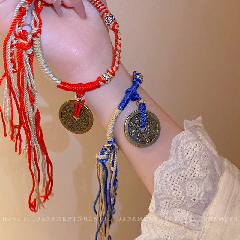 Braided Rope Fringe Bracelet with Copper Coins