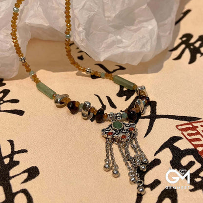 Tibetan Crystal Stone Copper Luck Tassel Necklace Pendant