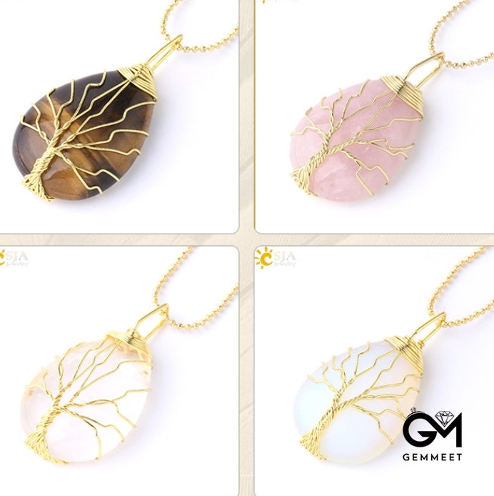 Gold Thread Drops Opal Pendant Necklace