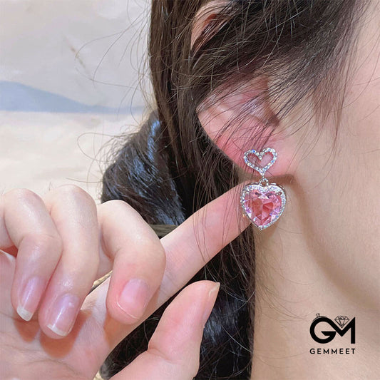 Light Luxury Love Temperament Earrings Sweet Pink Zircon Heart-shaped Earrings